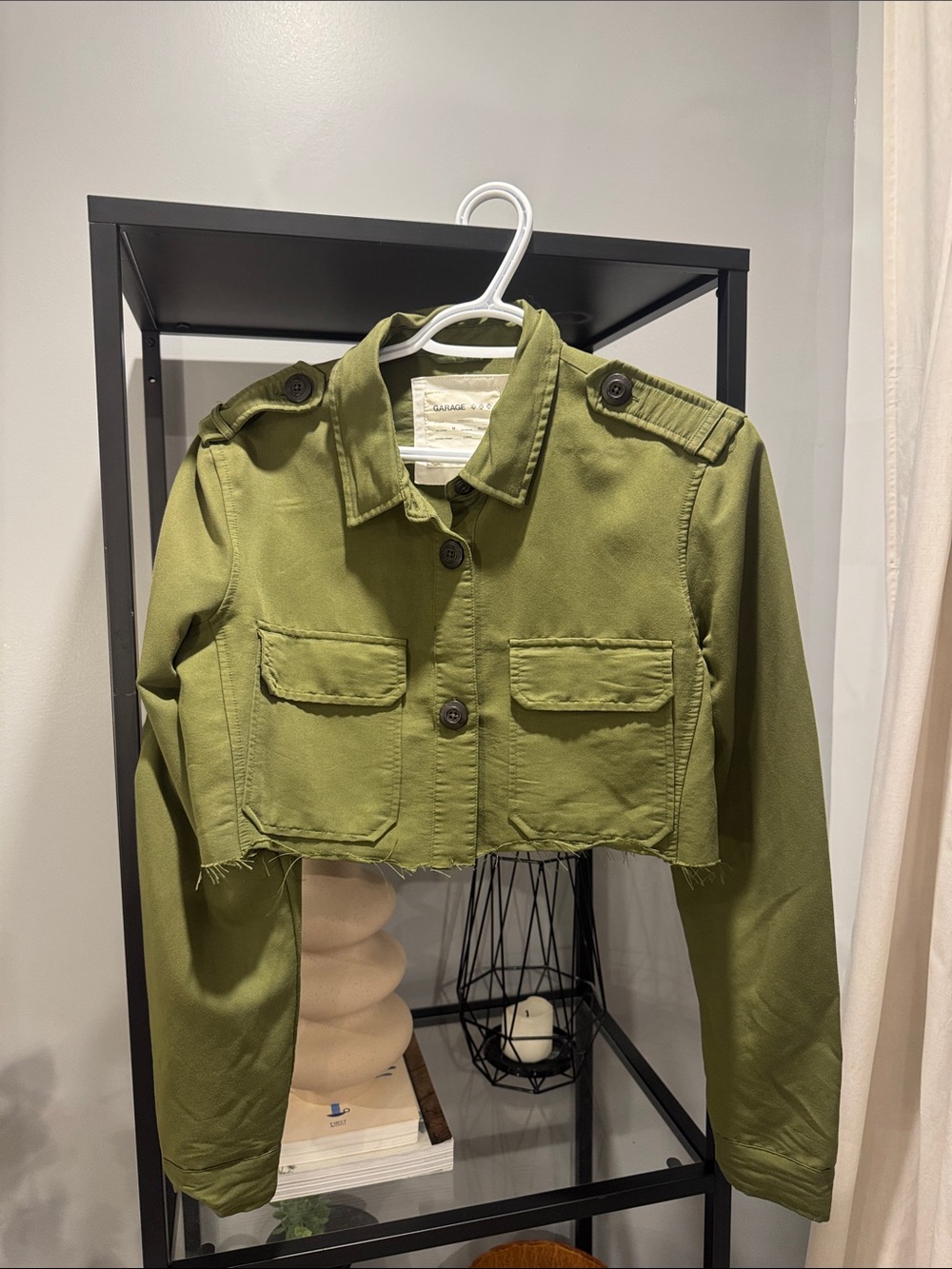 221.Cropped Military Utility Jacket - Olive Green